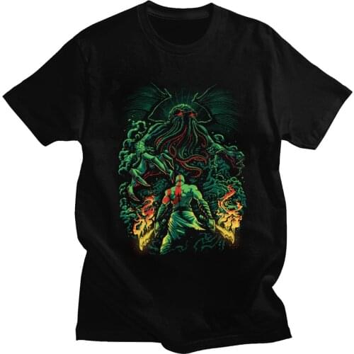 Clash Of Gods Cthulhu T Shirt for Men 100% Cotton Awesome T-shirt Short Sleeve Lovecraft Horror Movie Octopus Monster Tee Tops