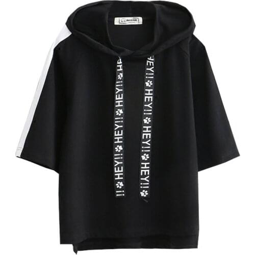 Merry Pretty t shirt women black hooded t-shirt harajuku casual drawstring solid short sleeve cotton top streetwear bbf tshirts