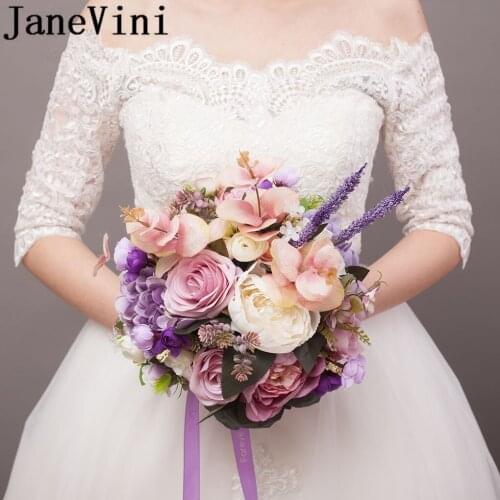 JaneVini Vintage Artificial Wedding Bouquet Purple Rose Bride Bridesmaid Bouquets Trouwboeket Brooch Silk Bridal Holding Flowers