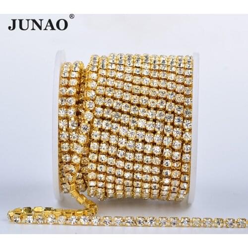 JUNAO SS6 SS12 SS18 Sewing Gold Rhinestone Chain Fringe Crystal Ribbon Trim Glass Applique Strass Banding For Clothes DIY Crafts