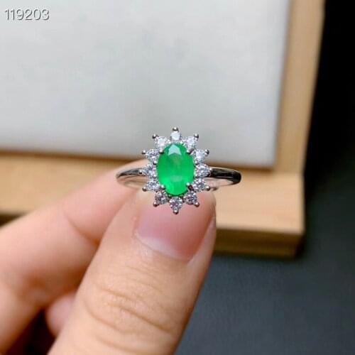 Natural Emerald Ring, Genuine 925 Sterling Silver Ring, Ladies' Engagement Ring, Simple Style of Ring
