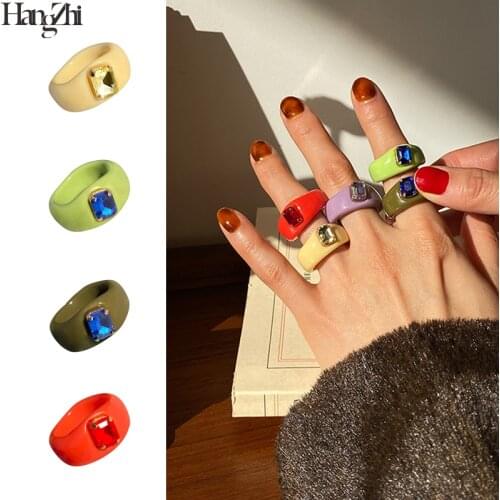 HangZhi 2021 New Korean Candy Color Resin Clear Rhinestones Square Geometric Colorful Simple Chunky Ring for Women Girls Jewelry