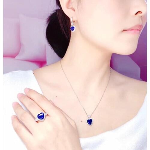 Real Natural Sapphire jewelry set Natural Real Sapphire 925 sterling silver 1pc pendant,1pc ring,2pcs Earring