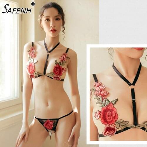 Sexy Ultrathin Lace Bra Panties Set Black Push Up Halter Bra Women Lingerie Lace Embroidery Floral Strappy Unpadded Bra