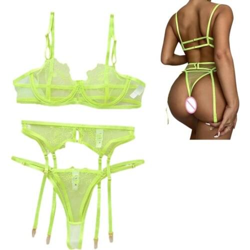 3Pcs Women Lingerie Set Sheer Adjustable Spaghetti Strap V-Neck Bra Thongs Waistband Garters Suit for Girls Yellow