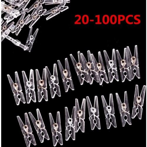 Hot! 20pcs/100pcs 25mm Mini Spring Clear Transparent Clips Clothes Photo Paper Peg Pin Clothespin Craft Clips Party Home Decor