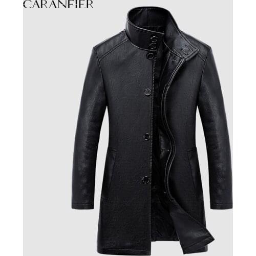 CARANFIER Mens PU Leather Jackets Men Long Overcoat Male Trench Coat British Single Breasted Stand Collar Windbreaker chaquetas