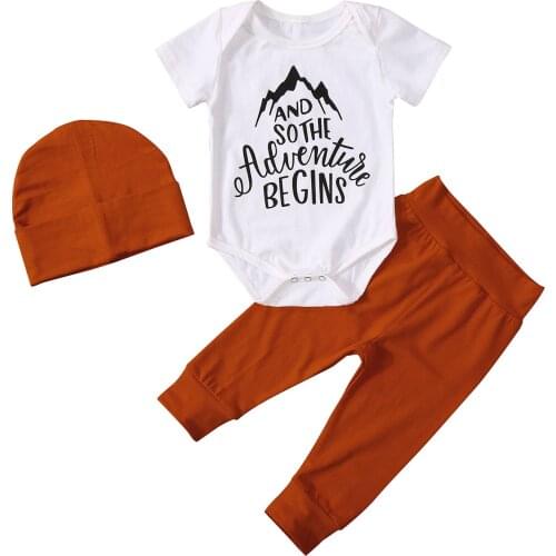 OPPERIAYA 3Pcs Newborn Casual Summer Outfit Toddler Letter Print Round Neck Short Sleeve Bodysuit Solid Color Trousers Cap