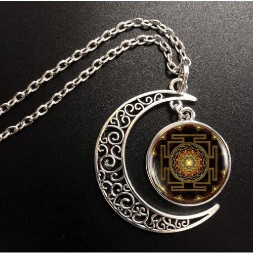 New Sri Yantra Dancing Shiva Nataraja Sacred Necklace Printed Photo Pendant Glass Cabochon Crescent Moon Necklaces 20mm Jewelry