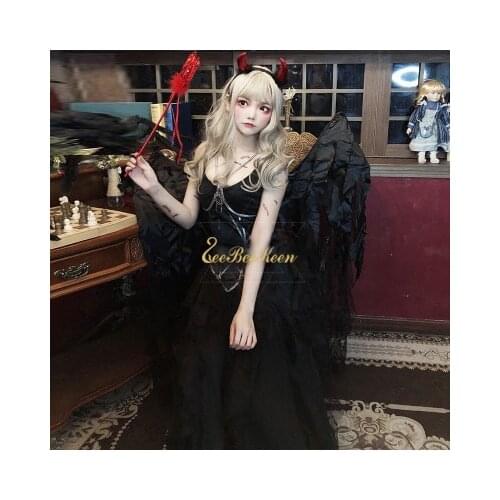 Adult Dark Devil Ghost Bride Dress cosplay Halloween costumes for women Sexy Gothic Black Dress Angel wings Elf Costume For Girl