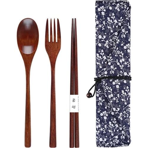 Portable Wood Tableware Wooden Spoon Fork Chopsticks Sets Travel Dinnerware Suit Environmental With Cloth Pack Gifts Set