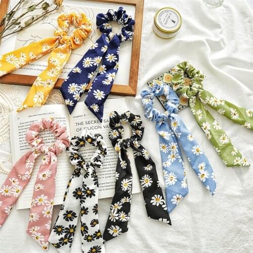 2021 Spring Summer Chamomile Ribbon Ponytail Scarf Hair Ties Korean Bow Daisy Scrunchies Women Girls Elastic Hair Ruban Crunchy