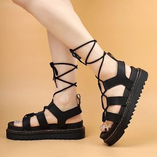 Sexy Cross Straps Women Sandals Summer Shoes Wedge Platform Sandals Genuine Leather INS Mid Heel Gladiator Sandalias Female