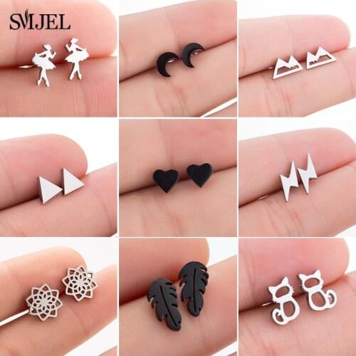 SMJEL Stainless Steel Moon Ballet Earrings for Women Minimalist Jewelry Tiny Leaf Flower Thunder Mountain Earing Studs bijoux