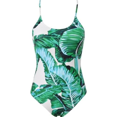 VECENEY Women Leaf Print Classic Deep V Solid One Piece Beach Swimsuit Bathing Suit