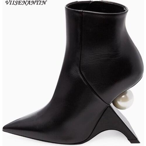 New Crystal Pearl Luxury Black Shoes Women Designer Buckle Strap Genuine Leather Pointed Toe Strange Style High Heel Ankle Boots