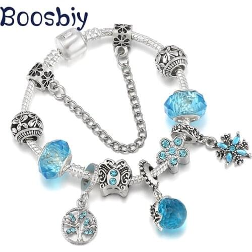 European Silver Plated Snake Chain Charm Bracelet With Light Blue Tree & Flower Pendants DIY Plant Style Jewelry Gift For Women