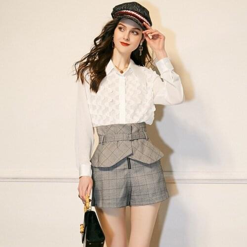 Womens Spring Autumn New French Three-Dimensional Flower Shirt + Retro Check Shorts Two-Piece Suits/Sets