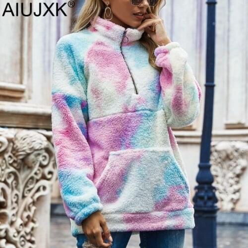 AIUJXK 2020 Autumn Winter Tie Diy Fuzzy Sweatshirt Women Fashion Leopard Patchwork Warm Fleece Pullover Top Woman Loose Coat
