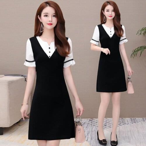 Women Fake Two Pieces Button Plus Size Short Sleeve O-neck A-line Natural Simple Elegant Black Summer Party Women Dress