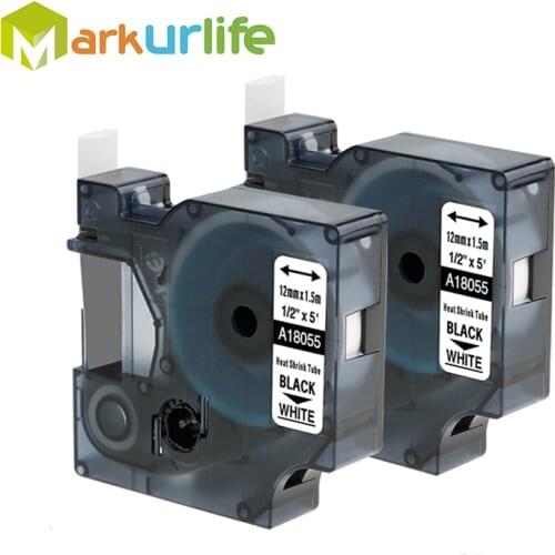 2 PCS/Lot 12mm 18055 Rhino IND Heat Shrink Tubes Tapes S0718300 Black on White For DYMO Label Writer and Industrial Label Maker