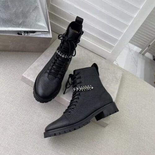 Womens Shoes Black Grained Leather Combat Boots With Crystal And Pearl Detailing 2.5cm Flat Heel
