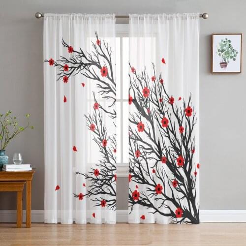 Black Branch Red Flower Screens Voile Tulle Sheer Curtains for Bedroom Living Room Kitchen Decor Chiffon Windows Curtain