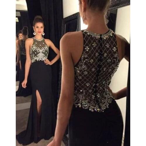 Black Mermaid Prom Dresses 2021 Sexy Split Bling Bling Crystal Beaded Formal Long Women Evening Party Gowns Robe De Soiree