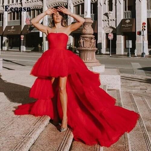 Eeqasn Red High Low Tiered Tulle Prom Dresses Above Knee Mini Homecoming Party Dress Corset Back Short Formal Graduation Gowns