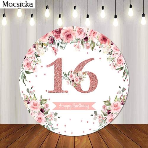 Sweet 16 Birthday Round Backdrop Rose Gold Flowers Decor Girl Sixteen Birthday Party Circle Cake Table Photography Background