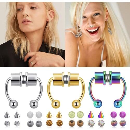 Fake Nose Rings Magnetic Septum Horseshoe Nose Rings 316L Stainless Steel Faux Septum Rings Non-Piercing Clip On Nose Hoop Rings