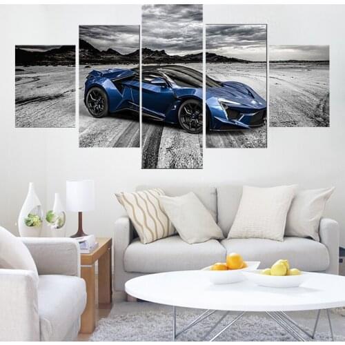 Canvas Pictures Modular Wall Art Framed Posters 5 Pieces Cool Flashy Blue Luxury Sports Car Painting For Living Room Home Decor