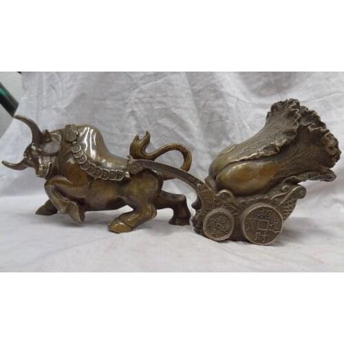 Bi001736 16" Chinese Bronze Bull-drawn Cai Wealth Coin Cabbage Carriage Bull Ox Statue