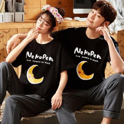 SLPBELY Couple Pajamas Set Summer Moon Printed Short Sleeve Men Women Pyjamas Leisure Lovers Homewear Pijamas Home Suits M-3XL