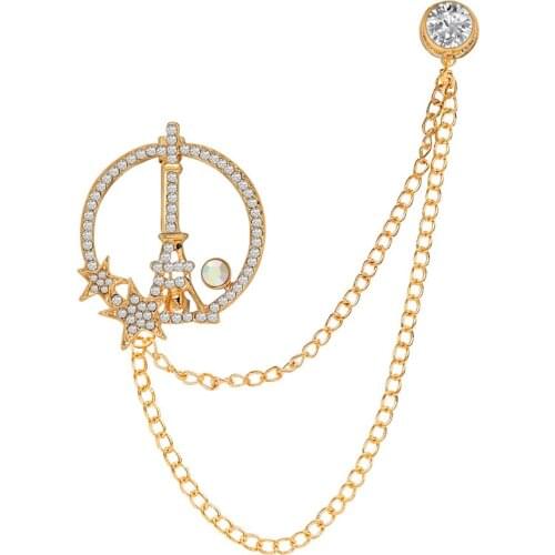 Korean Fashion Alloy Eiffel Tower Star Brooch Pin Crystal Tassel Chain Lapel Pin Badge Wedding Jewelry Gifts for Men Accessories