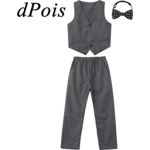 3Pcs Kids Boys Gentleman Suit Childrens School Uniform Fully Lined Button Down Vest & Pants Flower Boys Suits Formal Clothes