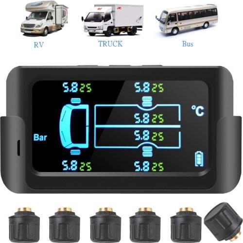 Max 8.5bar or 12.5bar Truck TPMS RV Bus Wireless Solar Tire Pressure Monitoring System LCD Display with 6 External Sensors