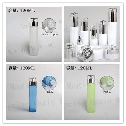 120ML Frosted/White/Green/Blue Glass Bottles With Plastic Stopper Silver Lid For Water/Cleaning/Moisturizing Cosmetic Containe