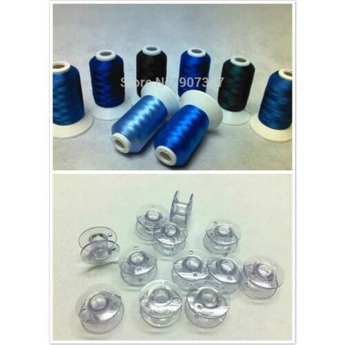Blue Colors Series Computer Machine Embroidery Thread Polyester,500m *8 +12 PCS Plastic Empty Bobbin Cases Size A , Light Blue