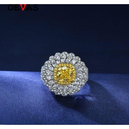 OEVAS 100% 925 Sterling Silver 7*7mm Yellow High Carbon Diamond Daisy Rings For Women Sparkling Wedding Party Fine Jewelry Gift
