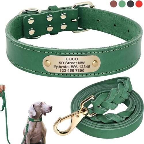 Genuine Leather Dog Collar Leash Personalized Pet ID Tag Collars For Medium Large Dogs Engraved Leather Collars Pitbull Perro