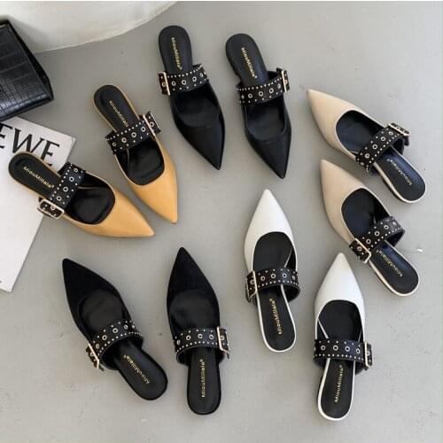Elegant Low Heel Women Mules Summer Sexy Pointed-Toe Ladies Slippers Slip on Leisure Ladies Office Shoes Beige Pumps Female