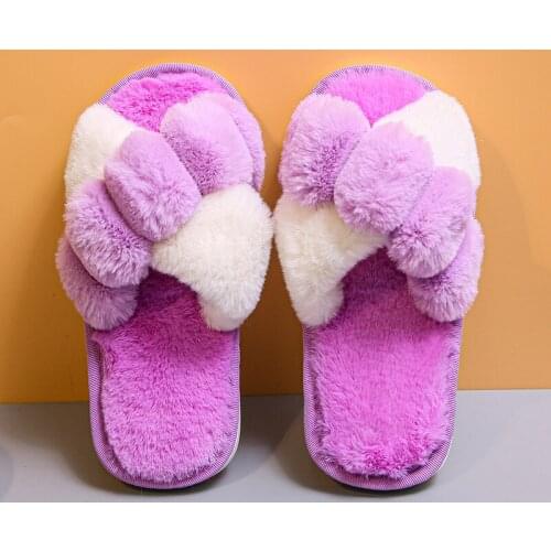 Warm Fluffy Slippers Women Faux Fur Cross Indoor Floor Flat Slides Soft Furry Shoes Ladies Female Non Slip House Shoes Whosale