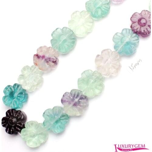 High Quality 12mm 15mm Natural Multicolor Fluorite Stone Carving Flowers Flat Shape DIY Gems Loose Beads Strand 15" w3665