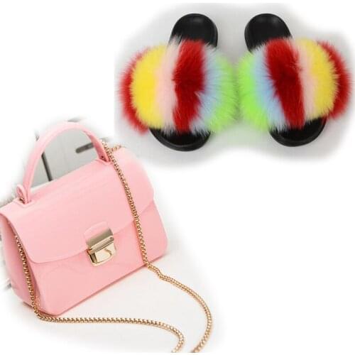 Womens fluffy Fox Fur Shoes Bags Sets Woman Colorful Jelly Bag Cute Furry Slippers Candy Crossbody Purse Ladies Plush Slides 45