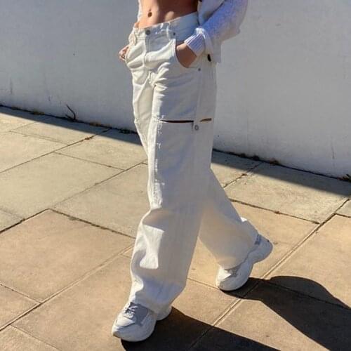 Womens casual pants new womens hollow large pockets high waist slimming loose casual straight-leg pants trousers women