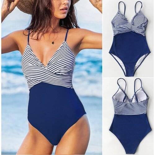Womens Striped Printed Sexy Bikini Slim Cover Belly One-Piece Swimsuit Blue