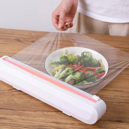1pc Plastic Food Wrap Dispenser with Slide Cutter Adjustable Cling Film Cutter Preservation Foil Storage Box Bottom Kitchen Tool