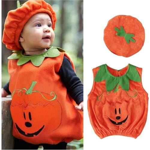 0-3Y Newly Cosplay Halloween Toddler Baby Kid Pumpkin Print Sleeveless Romper Jumpsuits Tops+Hats Baby Clothes 2PCS Costumes