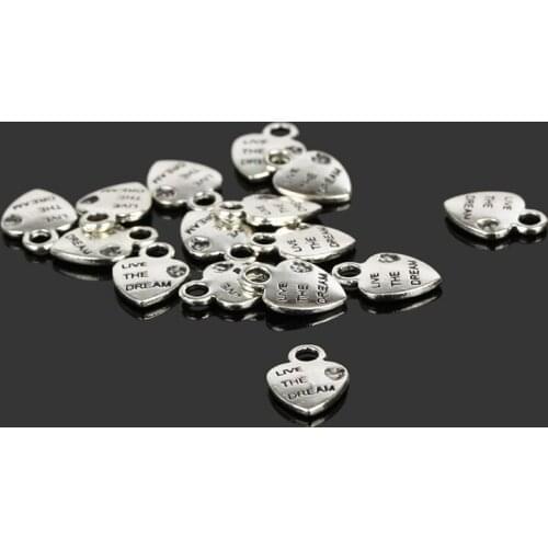 200pcs/lot Heart Shape Vintage Charms Silver Plated LIVE THE DREAM CZ Pendants Necklace&Bracelet Diy Pendants Beads 9*12MM